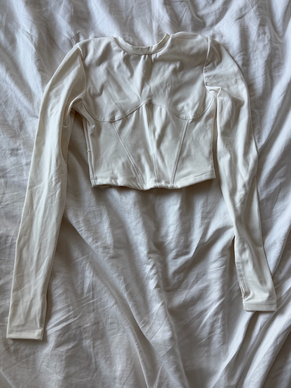 Long-Sleeve Cropped Corset Top in Cream — Structured Stretch Style w/ Thumb hole